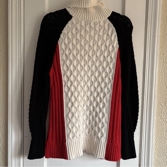 Talbots Colorblock Turtleneck Sweater red black and white Sz Medium - Picture 2 of 7